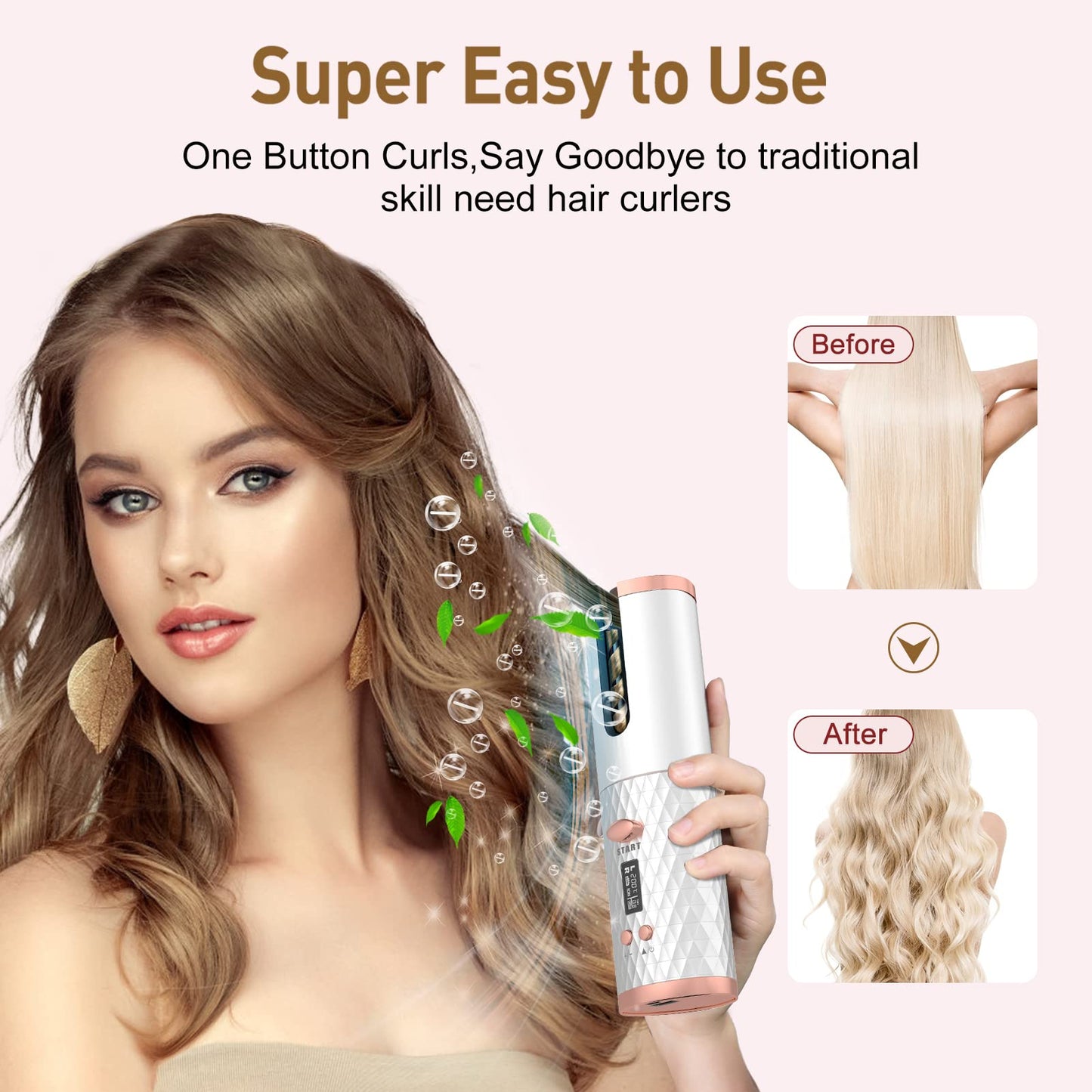 Portable Automatic Hair Curler, Ceramic Rotating Wireless Auto Curling Iron Wand, Portable USB Rechargeable Spin Curler for Hair Styling